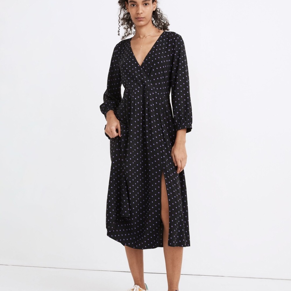 Maxwell Faux-Wrap Midi Dress in Polka Dot XS